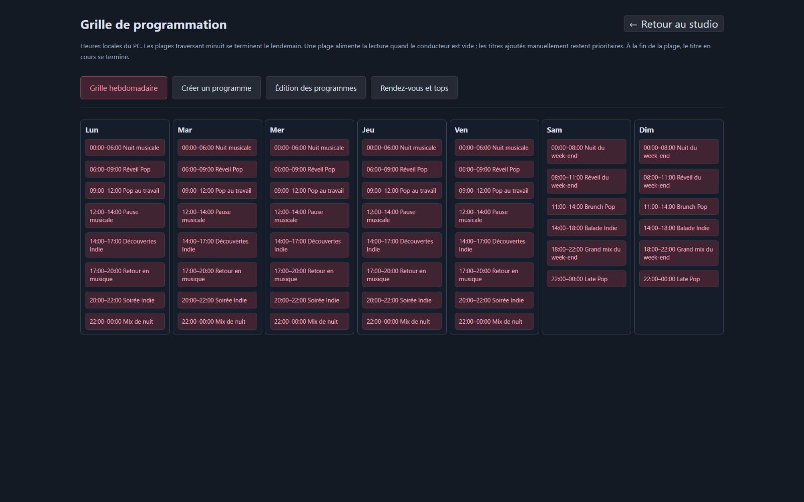 Grille de programmation hebdomadaire